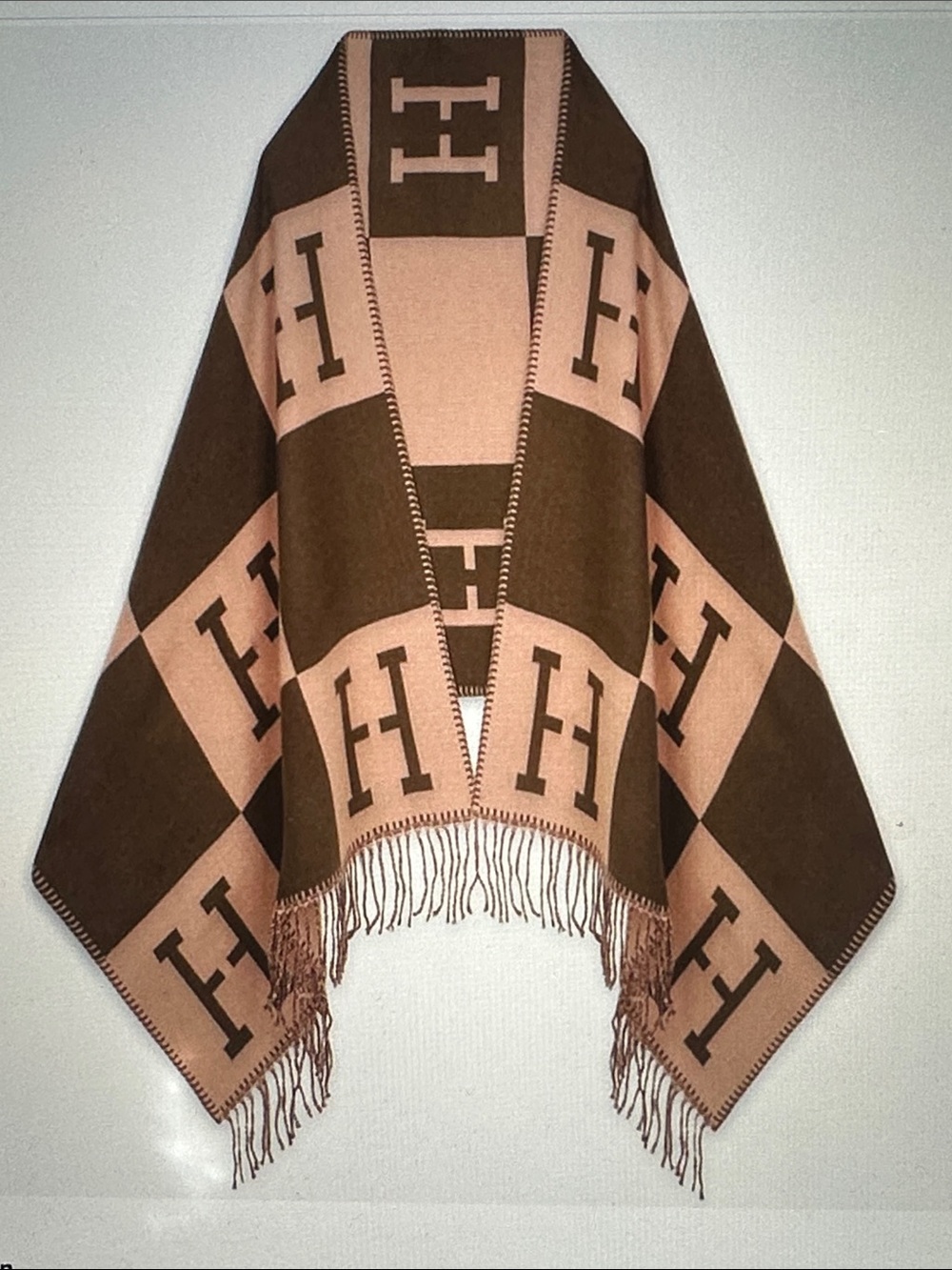 Women’s Monogram H Pattern Fringe silky shawl wrap- Brown & Tan